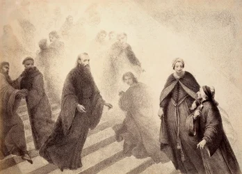 The contemplative spirit of Peter Damian descends from a golden ladder, moving towards Dante. Illustration of Canto XVI in Paradiso of The Divine Comedy by Dante Alighieri. Work of Francesco Scaramuzza dedicated to the Municipality of Florence
