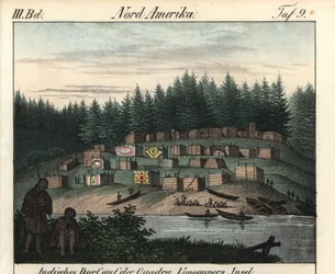 The village of wooden houses painted by Indians on Vancouver Island, Canada. Lithography for the book: “Galerie complete en tableaux fideles des peuples d
