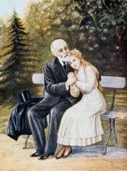 Therese of Lisieux asking her father Louis Martin to enter at convent, illustration