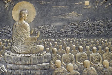 Tinh Xa Ngoc Chau Buddhist temple, The Life of the Buddha, Siddhartha Gautama, Buddha with disciples, teaching, The Buddha exhorted His first sixty Arahant disciples to go forth in different directions to preach the Doctrine, Chau Doc, Vietnam, 2018