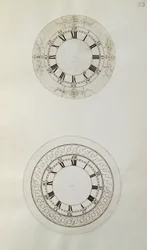 Two designs for large enamel watch dials, from mechanical notes and drawings compiled by John Harrison (1693-1776) and his son William (c.1726-72)