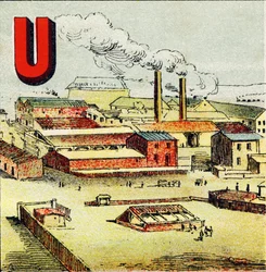 U: Factory. A Factory is a Huge Plant with Many Machines; Like the Gigantic Factory of Le Creusot - Engraving from Alphabet Geographique. Guerin-Muller et Cie, publishers, Paris