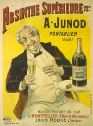 A Man Sitting at a Bistro Terrace Bursting into Laughter while Drinking a Glass of Absinthe