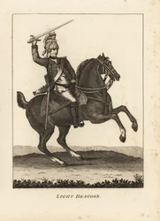 Uniform of Light Dragoon cavalry, with sword, musket and helmet