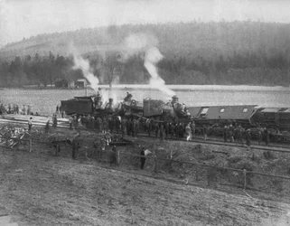 United States: c.1885 A train wreck in the countryside