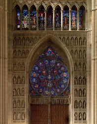 View Looking West from the Nave, Rose Window Designed by Bernard de Soissons, with Surrounding Statues