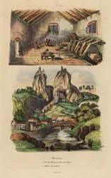 View of the town, bridge and crag church at Oberstein, and view of the agate and jasper gemstone polishing mill