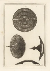 Views of an ancient concave roundel with umbo or spike made of leather skins, iron plate and brass nails