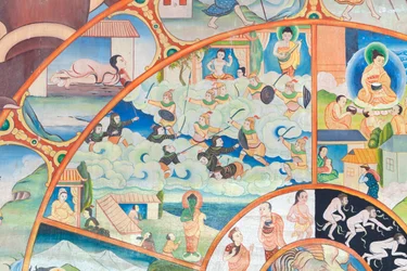 Wheel of life (detail), wall painting at Wat Umong, Chiang Mai, Thailand
