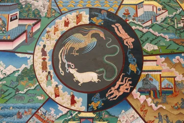 Wheel of Life or Wheel of Samsara (Mandala): Rooster, Snake, and Pig, Kopan Monastery, Kathmandu, Nepal