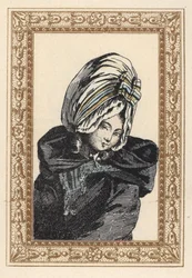 Woman in a night cape and large Voluptuese hat