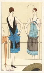 Woman standing in front of mirror admiring her evening dress in blue and gold lamé and black velvet - Lithograph with stencil hand-colouring from the luxury French fashion magazine 