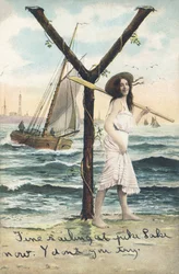Y: A barefoot woman, dressed in a short sleeveless dress, holds an oar on her left shoulder. Marine decor - Alphabet Characters Ref Th. E., L. Theochrom - Series 994. Theodor Eisman, publisher, Leipzig