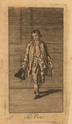 Young gentleman bowing with his hat in his hand in a panelled room