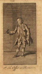 Young gentleman graciously offering/receiving a book in a panelled room