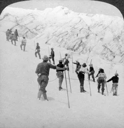 Ascending a steep snowfield, Stevens Glacier, Mount Rainier, Washington, USA