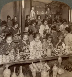 Factory girls decorating cheap pottery for the foreign markets, Kyoto, Japan, 1904