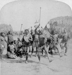 Heroic Sports of the Kraal, a Zulu War Dance, Zululand, South Africa