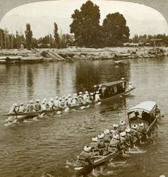 Lady Curzon travelling on the state barge of the Maharaja, Kashmir, India