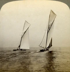 Shamrock I and Shamrock III in a Trial Race off Sandy Hook, USA