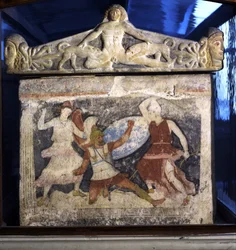 A Greek fighting two Amazons from the end of the sarcophagus of the Amazons, with Acteon torn apart by Dianas dogs in relief on the lid, from Tarquinia
