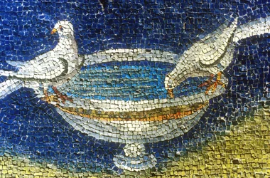 Doves drinking: mosaic in the mausoleum of Galla Placidia (390-450) in Ravenna, Italy, (5th century, early Christian art), photo taken in 1990