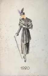 Model wearing a coat and a hat with feathers, carrying an umbrella