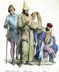 11th century costumes: rich Jew and knight - engraving
