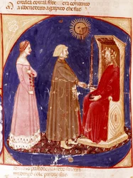 Second heaven: Dante and Beatrice face the Roman Emperor Justinian in the first heaven of Paradise. Illuminated page illustrating a song of Paradise from the 