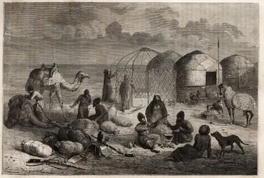 A Turcoman camp in the border area of Turkestan and Persia, each tent, made up of wooden trellis and covered with felt, houses a family. Engraving to illustrate the story of Henri de Blocqueville 