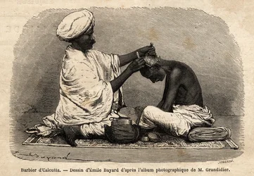 A barber working in the streets of Calcutta. Engraving to illustrate the voyage in the meridional provinces of India, by Alfred Grandidier, in 1862-1864, published in 