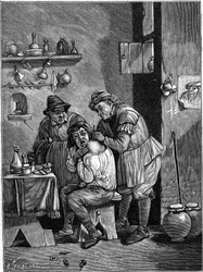 A charlatan surgeon in the 18th century examining a shoulder injury