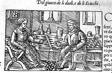 A couple playing dice. Engraving after Historia de gentis septemtrionalis by Olaus Magnus, Rome 1560.