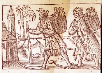 A family of Norwegians travelling on skis. Engraving by Olaus Magnus (1490 - 1557), Swedish religious and geographer, “Historia de Gentis Septentrionalibus”, Venice