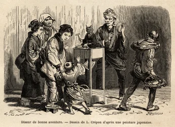 A fortune teller in the streets of Edo (now Tokyo). Engraving to illustrate the journey to Japan, by Aime Humbert, minister of the Swiss Confederation, in 1863-1864, published in 