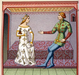 A galante scene in the Middle Ages: a young man courts a princess. Faux college after a manuscript. 19th century.