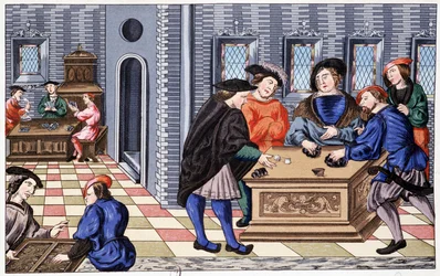 A Game House in the Renaissance Era Based on a Miniature about Vellum: Game from Now On. Chromolithography 19th Century