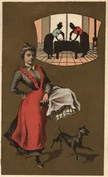 A laundry machine carrying laundry in a basket. Anonymous chromolithography, late 19th century.