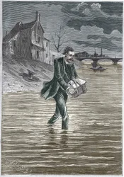A man who kills himself by throwing himself into the water, a stone around his neck, to drown himself - engraving