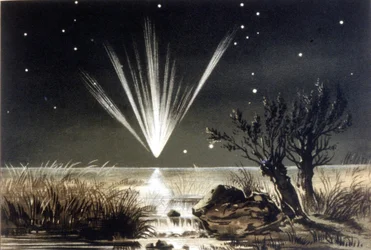 A meteorite falling into the sea. Colour lithograph from the end of the 19th century