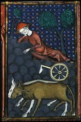 A peasant resting, next to him oxen and a miniature plow of the 14th century