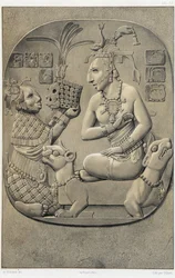A queen squatting on a sofa, receiving an offering from an Ethiopian woman - in 