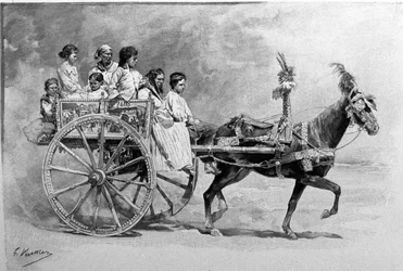 A traditional Sicilian cart. 19th century engraving