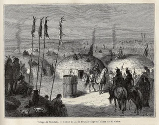 A village of Mandans Indians (or noumah ka kie: pheasants) on the left bank of Missouri, 600 leagues from the city of Saint Louis. Engraving to illustrate an excursion among the Indian tribes of the basins of Colombia and Upper Missouri, by G. Catlin, in 1