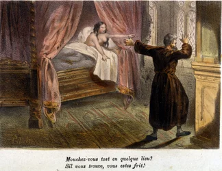 Adultery: a surprised monk trying to hide and a naked woman in bed. Lithograph, early 19th century
