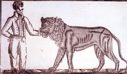 Advertising for the circus in 1800 depicting a tamer putting his hand in the mouth of a lion.