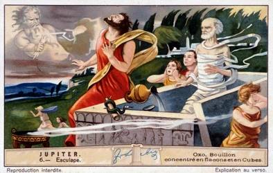 Aesculapius Dies, Blasted by Jupiter, for Resurrecting the Dead - Oxo Chromolithography, Produced by Liebig