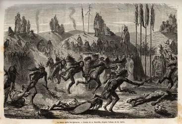 After the ceremony of self-giving to the Great Spirit, the young warriors among the Mandan Indians, or Noumah ka kie, pheasants, begin a frenzied and outpouring dance; the weakest are dragged along the ground, on the left bank of the Missouri. Engraving