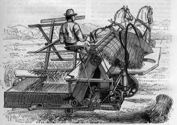 Agriculture and Agricultural Machinery: A New Harvester Drawn by Horses That Automatically Bind the Sheaves of Wheat in the Fields. Engraving in La Nature