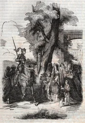 Alcina and her court come to greet Ruggiero - engraving of 1851 from the poem Orlando Furioso (1516) by Ludovico Ariosto, translated by the Count of Tressan and published by Gustave Harvard 1851